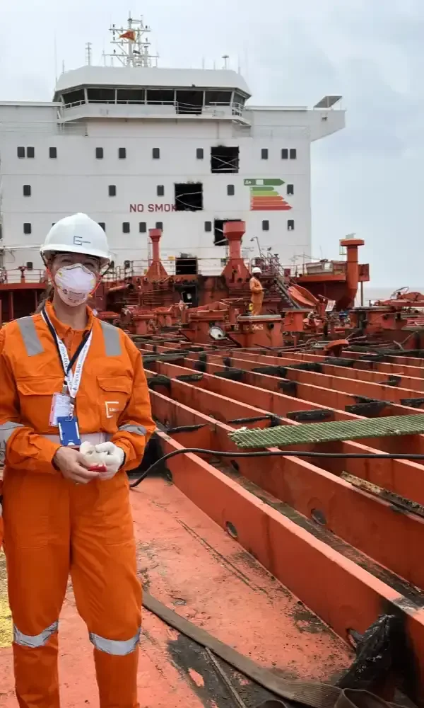 Elin Beate Saltkjel aboard a ship that is in the process of being recycled.